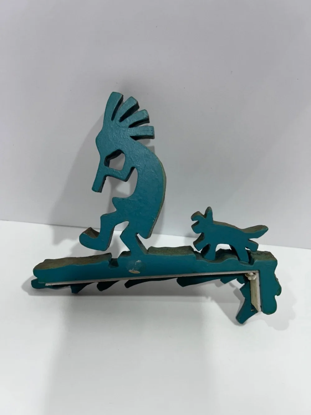 Vintage Native Kokopelli w/dog corner shelf accent patina cast iron rustic- 6x5